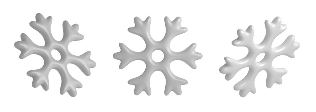 Set of snowflakes cartoon style on transparent background, 3d rendering illustration