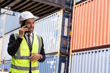 Business man wearing a high visibility vest and hardhat is speaking on the phone at a shipping yard