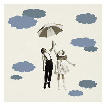 Happy mood. Art collage with cute school age kids under drawn rain isolated on minimal background. Childhood, education, studying, back to school concept. Copy space, ad.