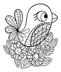 bird stylized doodle coloring book for children graphic contour sketch isolated on white background sparrow with patterns vector hand drawn