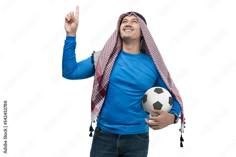 Poster Asian man with keffiyeh standing while holding the ball with a happy expression