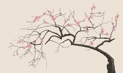 image of spring blooming sakura, a symbol of japan in a watercolor style on a light background