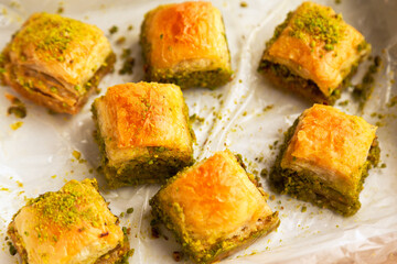 Baklava with pistachio, one of the most beautiful desserts of Turkish cuisine, Turkish baklava in the package