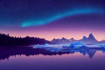 Aurora borealis on the Norway. Green northern lights above mountains. Night sky with polar lights. Night winter landscape with aurora and reflection on the water surface. Natural back