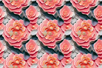 Beautiful floral jewelry wallpaper. Seamless repeat pattern for wallpaper, fabric and paper packaging, curtains, duvet covers, pillows, digital print design. 3d illustration	
