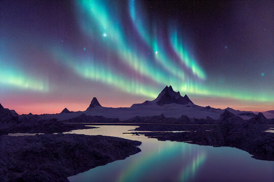 Aurora borealis on the Norway. Green northern lights above mountains. Night sky with polar lights. Night winter landscape with aurora and reflection on the water surface. Natural back