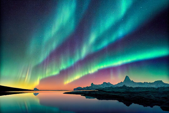 Aurora borealis on the Norway. Green northern lights above mountains. Night sky with polar lights. Night winter landscape with aurora and reflection on the water surface. Natural back