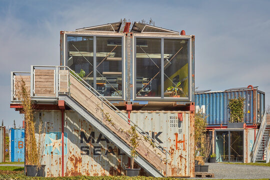 Tiny offices made of used steel cargo containers in Almere, The Netherlands on April 21, 2022