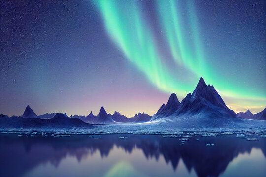 Aurora borealis on the Norway. Green northern lights above mountains. Night sky with polar lights. Night winter landscape with aurora and reflection on the water surface. Natural back