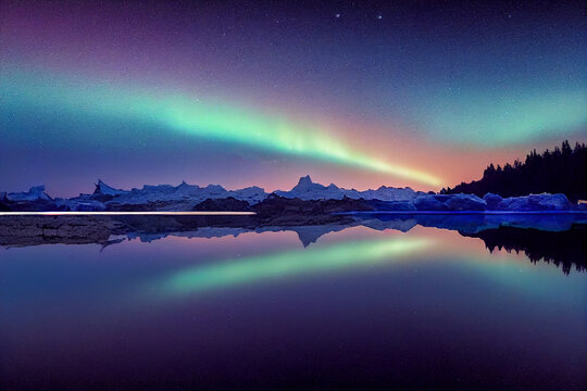 Aurora borealis on the Norway. Green northern lights above mountains. Night sky with polar lights. Night winter landscape with aurora and reflection on the water surface. Natural back