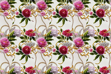 Beautiful floral jewelry wallpaper. Seamless repeat pattern for wallpaper, fabric and paper packaging, curtains, duvet covers, pillows, digital print design. 3d illustration	
