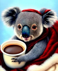 A Cute Koala Family Around a Christmas Tree and Fireplace, Cuddled Up in a Blanket and Drinking Hot Coco, Made by AI