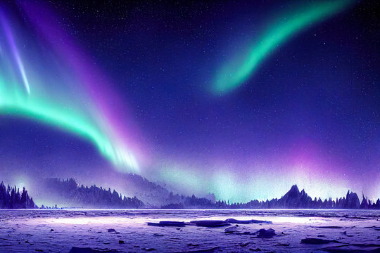 Aurora borealis on the Norway. Green northern lights above mountains. Night sky with polar lights. Night winter landscape with aurora and reflection on the water surface. Natural back