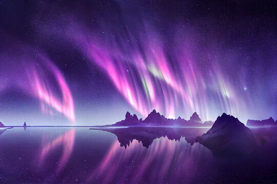 Aurora borealis on the Norway. Green northern lights above mountains. Night sky with polar lights. Night winter landscape with aurora and reflection on the water surface. Natural back