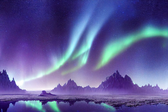 Aurora borealis on the Norway. Green northern lights above mountains. Night sky with polar lights. Night winter landscape with aurora and reflection on the water surface. Natural back