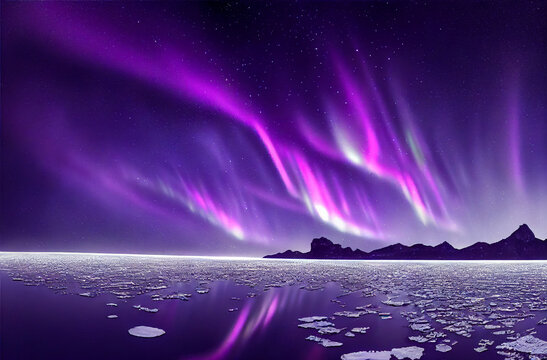 Aurora borealis on the Norway. Green northern lights above mountains. Night sky with polar lights. Night winter landscape with aurora and reflection on the water surface. Natural back