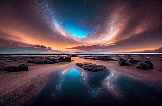 Aurora borealis on the Norway. Green northern lights above mountains. Night sky with polar lights. Night winter landscape with aurora and reflection on the water surface. Natural back