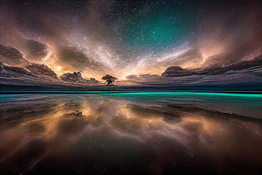 Aurora borealis on the Norway. Green northern lights above mountains. Night sky with polar lights. Night winter landscape with aurora and reflection on the water surface. Natural back