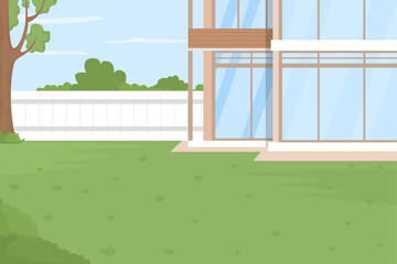 Home backyard flat color raster illustration. Private property surrounded with fence. Summertime activities. House garden and yard. 2D simple cartoon landscape with house on background