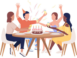 Birthday party semi flat color raster characters. Sitting figures. Full body people on white. Festive celebration simple cartoon style illustration for web graphic design and animation