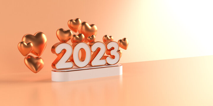 3D render of  2023 new year color gold style with love elements