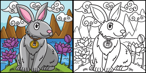 Rabbit in Lotus Garden Coloring Page Illustration