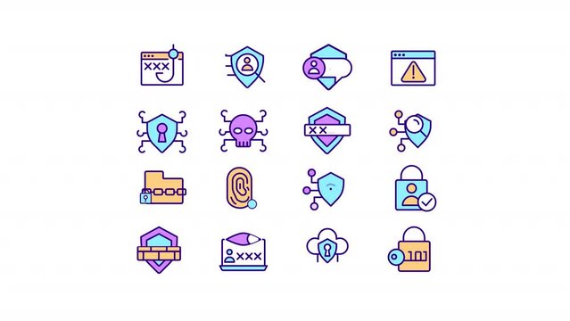 Animated security color icon set. Computer protection from cyberthreats. Seamless loop HD video pack with alpha channel on transparent background. Simple filled line motion graphic animations
