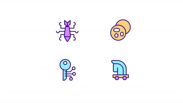 Animated cyberthreat color icon set. Browser cookie. Detect vulnerabilities. Seamless loop HD video pack with alpha channel on transparent background. Simple filled line motion graphic animations