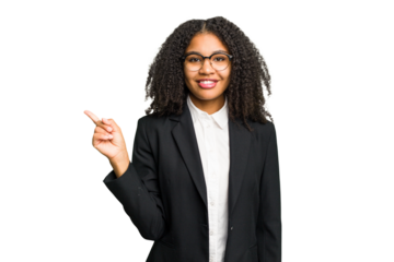 Young african american business woman isolated smiling and pointing aside, showing something at blank space.