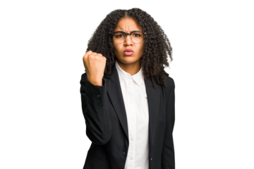 Young african american business woman isolated showing fist to camera, aggressive facial expression.
