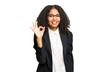 Young african american business woman isolated cheerful and confident showing ok gesture.