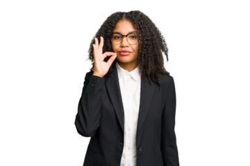 Young african american business woman isolated with fingers on lips keeping a secret.