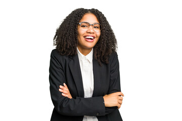 Young african american business woman isolated laughing and having fun.