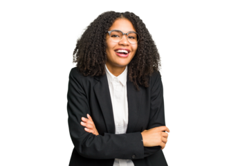 Young african american business woman isolated laughing and having fun.