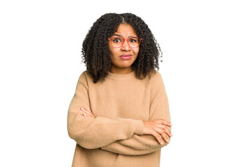 Young african american woman isolated unhappy looking in camera with sarcastic expression.