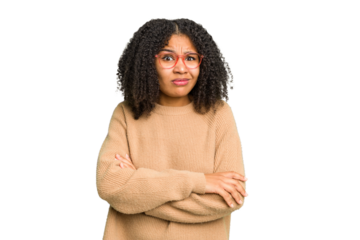 Young african american woman isolated unhappy looking in camera with sarcastic expression.