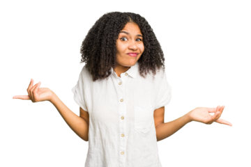 Young african american woman isolated doubting and shrugging shoulders in questioning gesture.