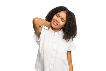 Young african american woman isolated suffering neck pain due to sedentary lifestyle.