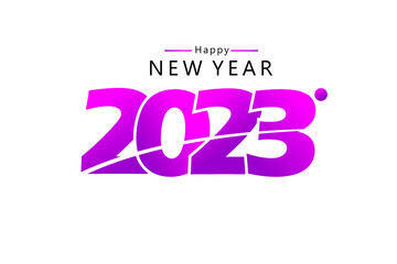 Happy New Year 2023 text design purple color, Isolated on white background. for Brochure design template, card, banner. Vector illustration. 