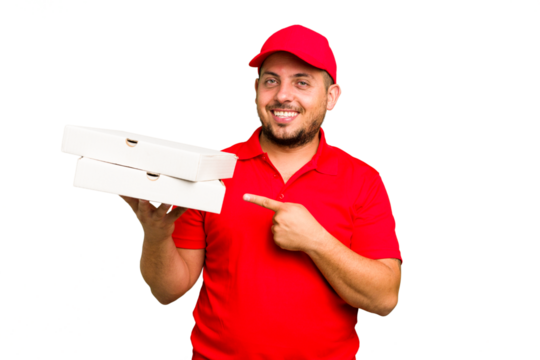Pizza delivery caucasian man with work uniform picking up pizza boxes isolated smiling and pointing aside, showing something at blank space.