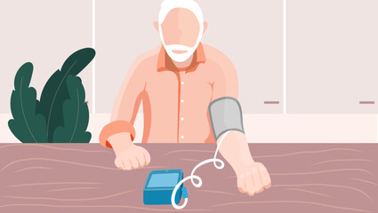 Älterer Herr misst Blutdruck zu Hause am Küchentisch - digitale Medizin