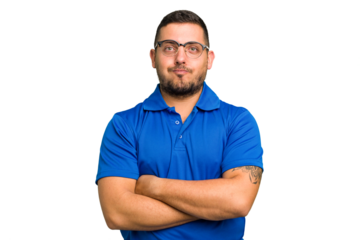 Young caucasian man isolated blows cheeks, has tired expression. Facial expression concept.