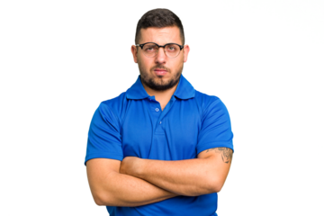 Young caucasian man isolated unhappy looking in camera with sarcastic expression.