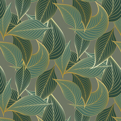 linear vector pattern, repeating abstract chaotic leaf or leaves with midrib and vein in golden color. Pattern is clean for fabric, wallpaper, printing. Pattern is on swatches panel