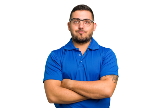 Young caucasian man isolated blows cheeks, has tired expression. Facial expression concept.