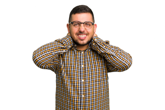 Young caucasian man isolated touching back of head, thinking and making a choice.