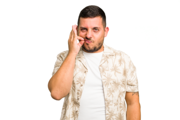 Young caucasian man isolated with fingers on lips keeping a secret.