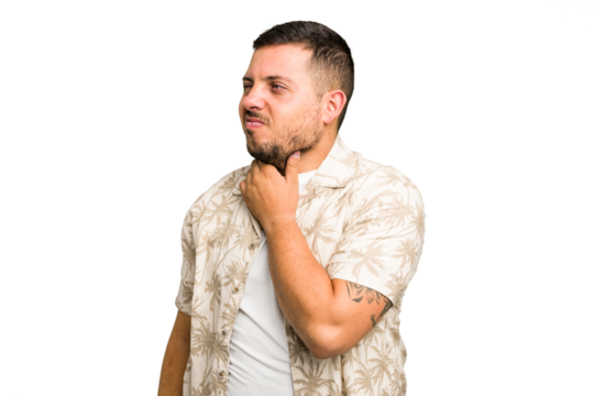 Young caucasian man isolated suffers pain in throat due a virus or infection.