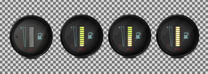 Vector realistic, 3D set of fuel level indicators in a car. Illustration on a transparent background.