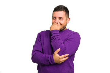 Young caucasian man isolated laughing happy, carefree, natural emotion.